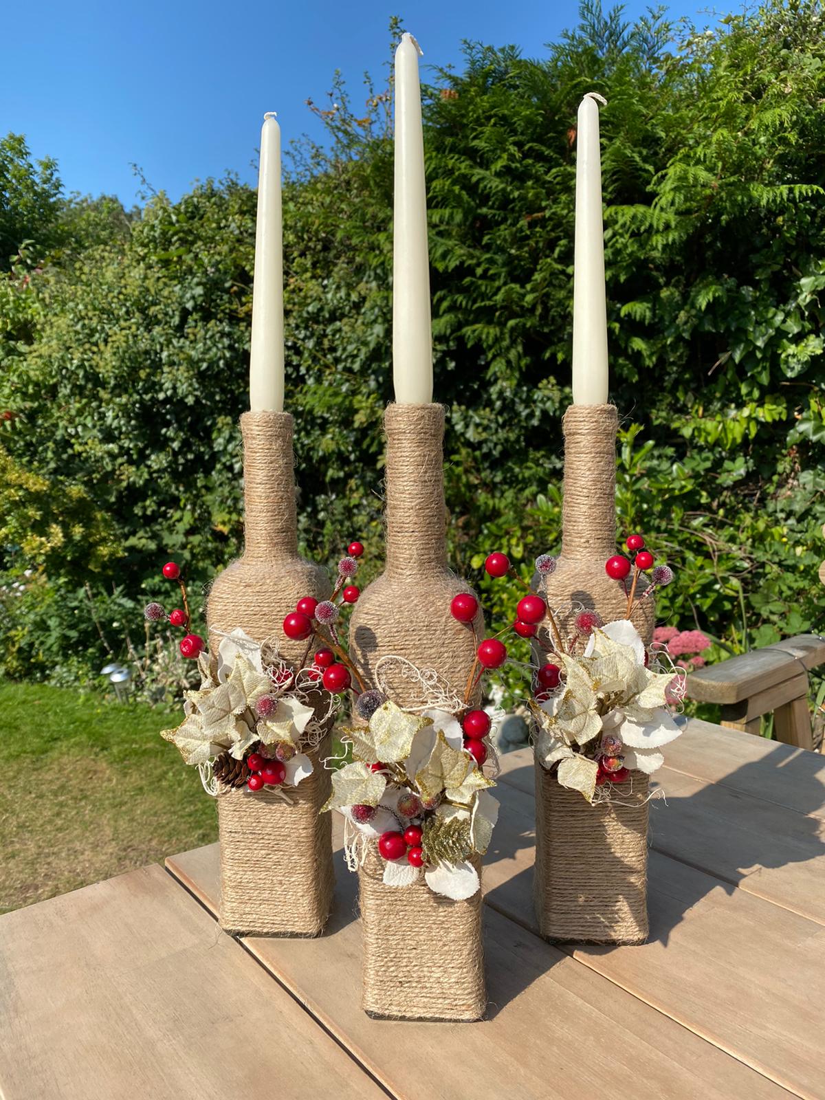 Rope Covered Rustic Bottle Candle Sticks