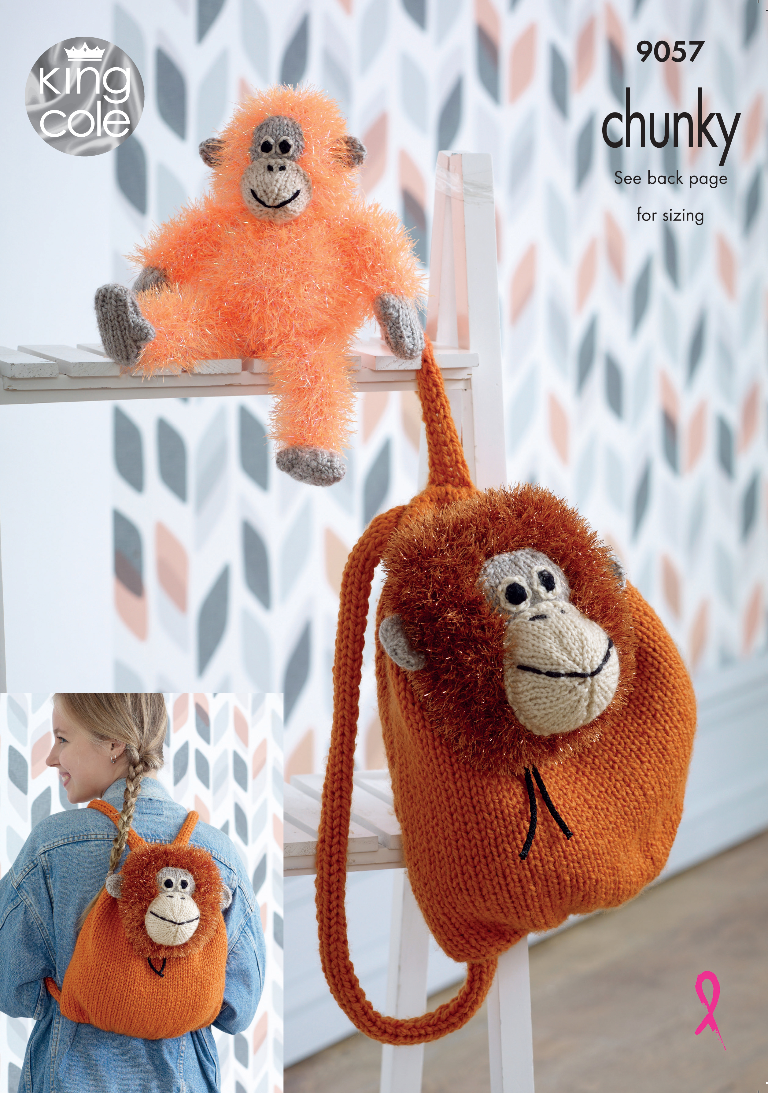 Tinsel Orangutan Backpack & Toy Knitted in Tinsel Chunky x3 - Click Image to Close