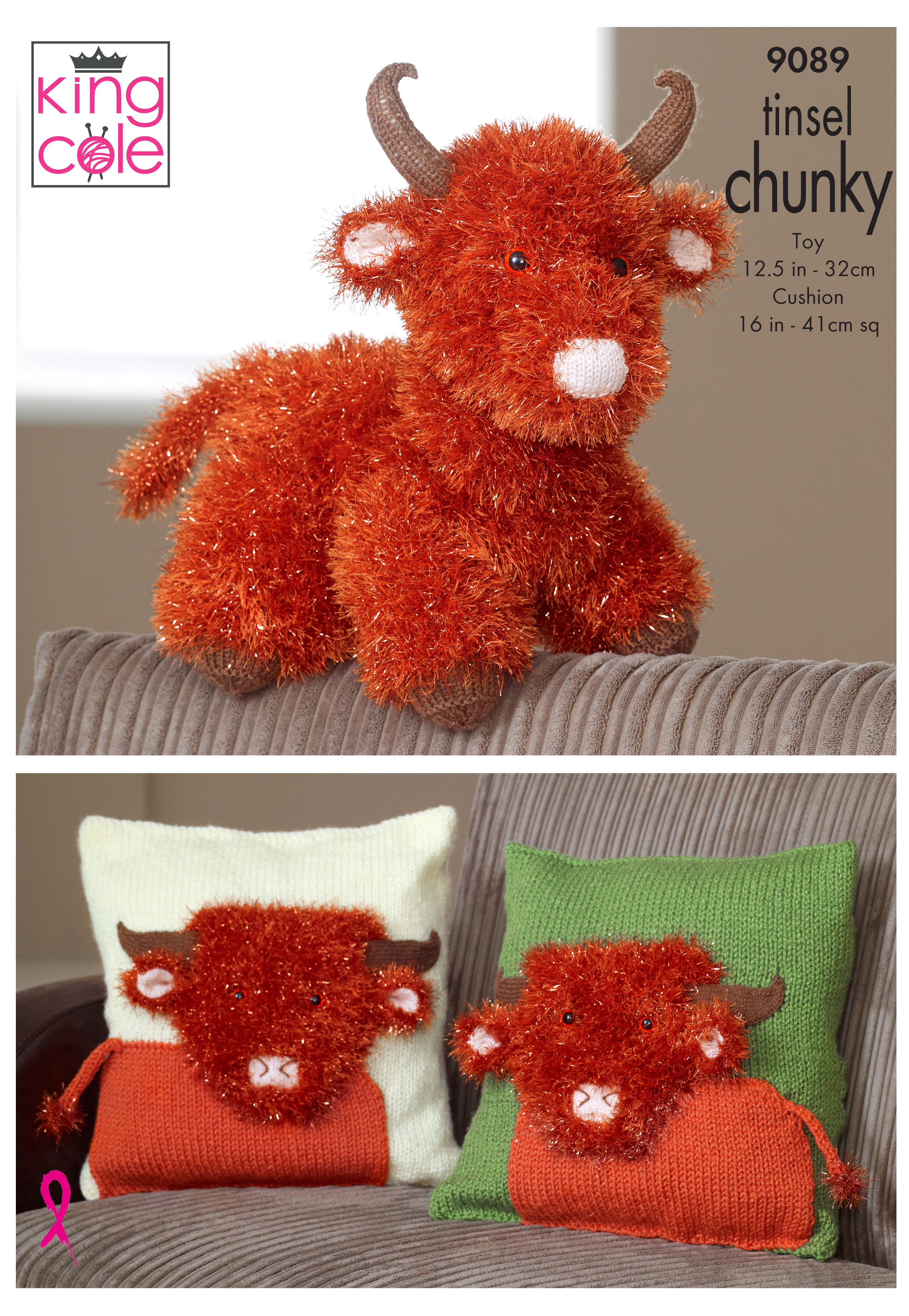 Tinsel Highland Cow & Cushion Covers Knitted in Tinsel Chunky,x3 - Click Image to Close