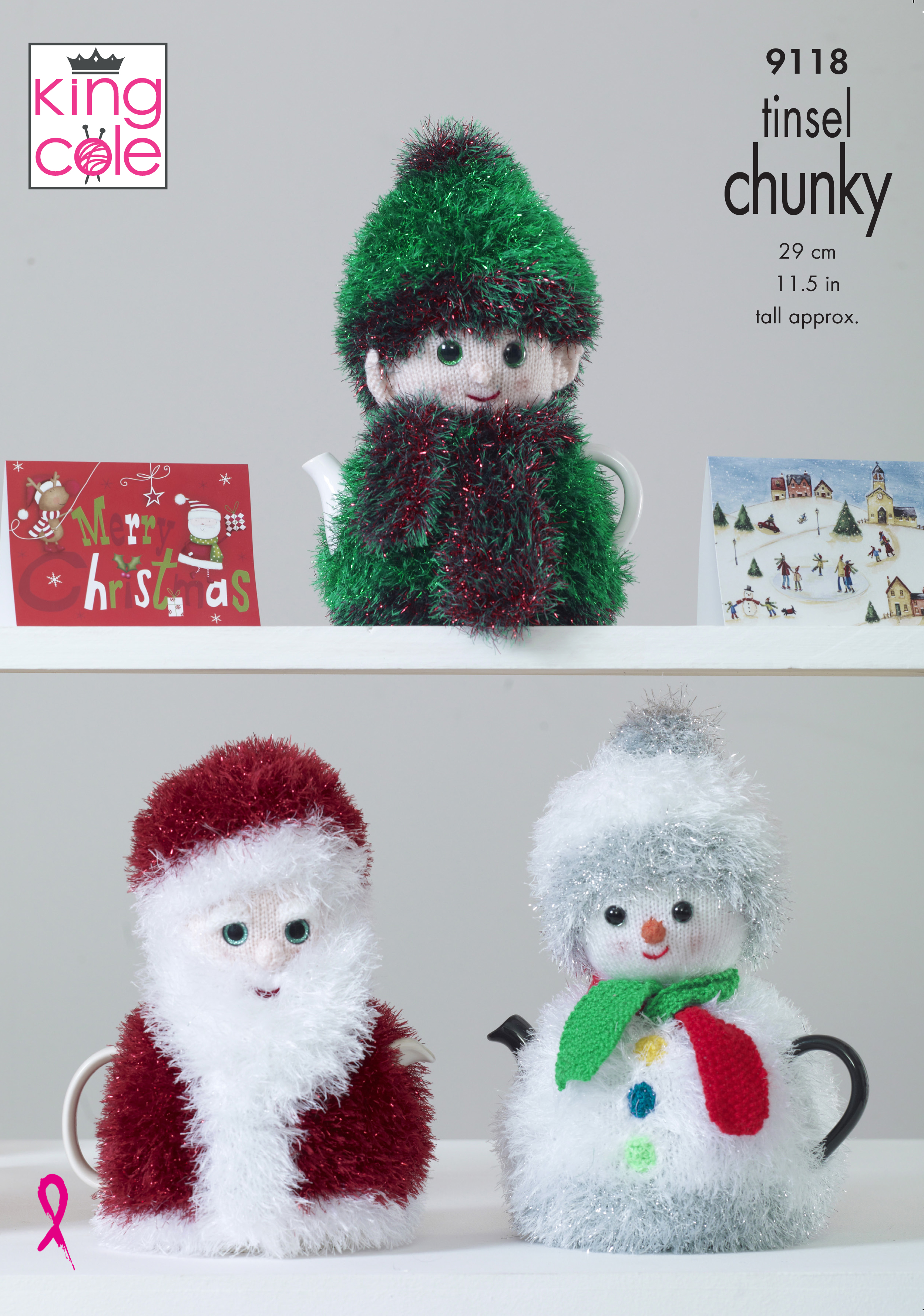 Christmas Tea Cosies Knitted in Tinsel Chunky & Dollymix DK x3