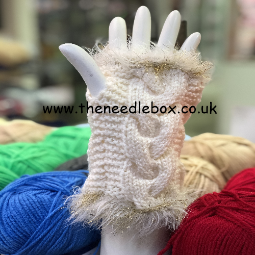 Knitted Hand Warmer Cream With Cream Tinsel Yarn - Click Image to Close